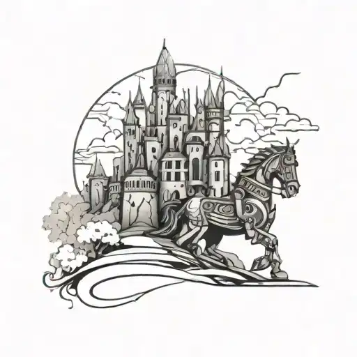 Full Knight Looking At Castle With Landscape And Details Of Black Lines