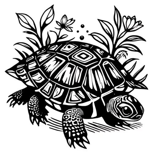 Turtle Walking With Plants Growing Flowers Geometric Pattern Circles