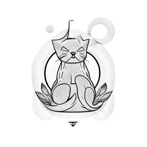 A Minimalist Tattoo Design Of A Cat Meditating Under A Bonsai Tree