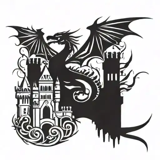 Castle And Dragon Flying