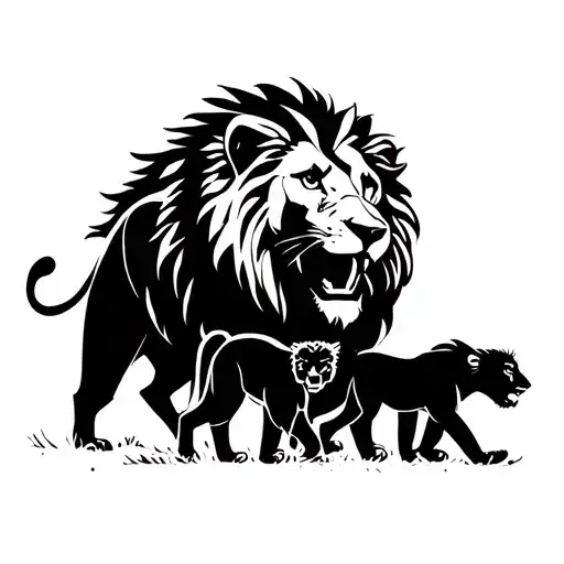 Lion Male Attacking With Lioness And Two Cubs Walking