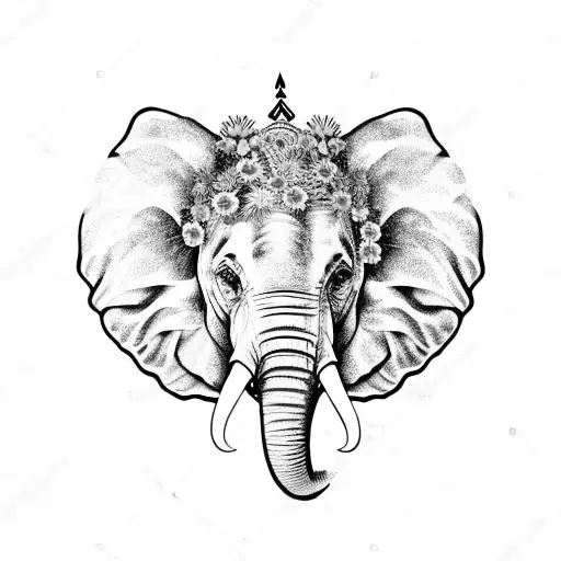 Elephant Face Surrounded By Wild Flowers Wearing A Flower Crown