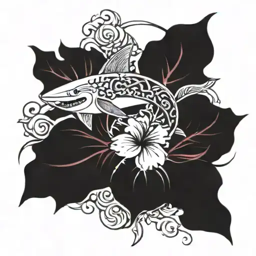 Shark And Koi Fish With Hibiscus Flowers