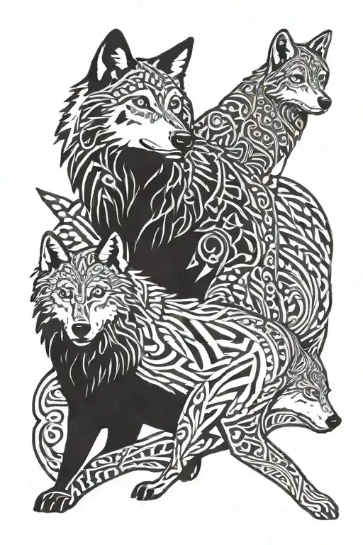 Grey Wolf And Two Cubs West African Tribal Patterns