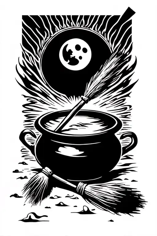 Cauldron And Broom In Front Of Moon