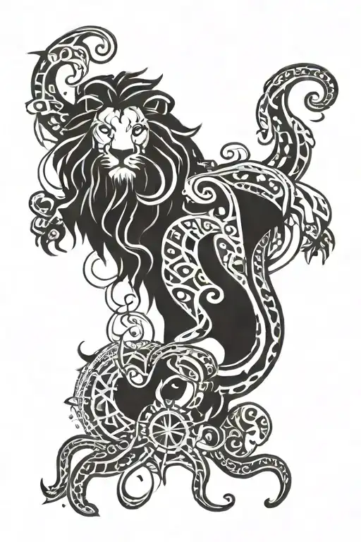 Lion With Compass And Giant Squid Wrapped