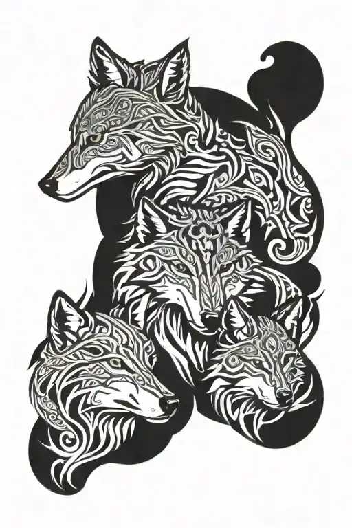 Grey Wolf And Two Cubs Surrounded