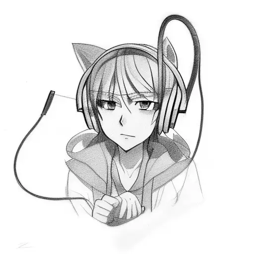 A Sketch Style Tattoo Of An Anime Character Wearing Headphones And Holding A Dog