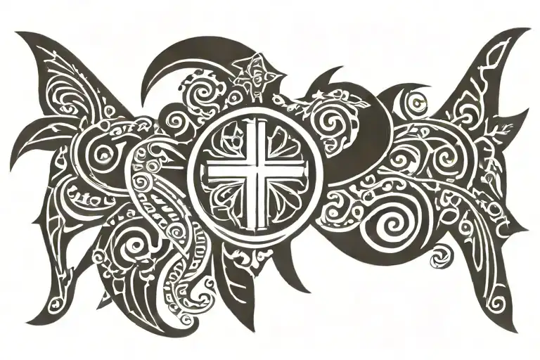 Hawaiian Tribal With Catholic Cross In The Middle And Add A Sea Turtle