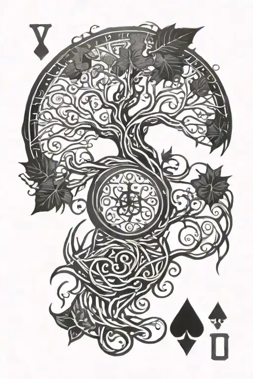 Tatoo Yggdrasil With Vigvisir In Center Four Playing Cards In Roots