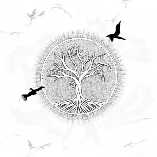 Tree Of Life With Flying Birds