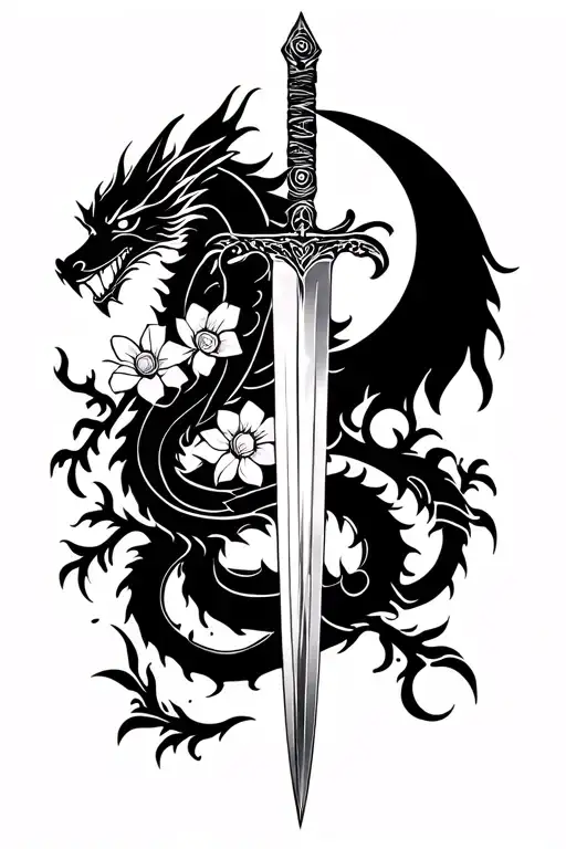 Dragon Intertwining A Sword With Flowers And A Moon
