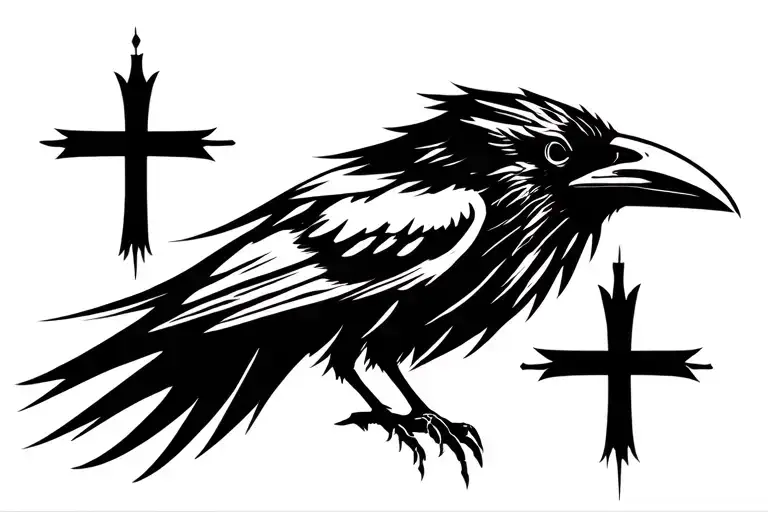 Raven With 3 Crosses As The Backgrond