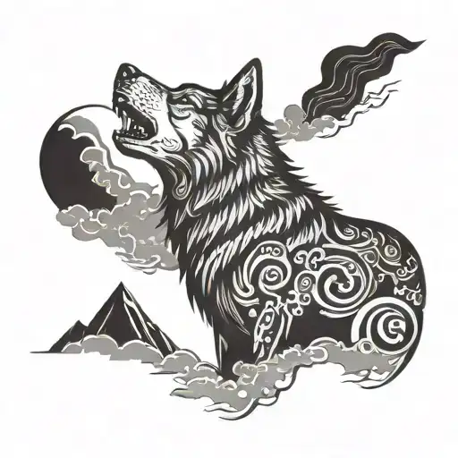 A Surreal Scene Of A Wolf Howling At A Thunderstorm With A Deity Figure In The Clouds