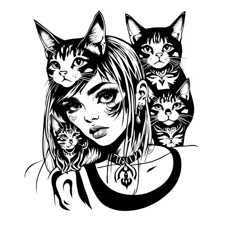 Punk Rock Girl With Gang Of Cats