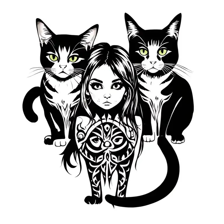 Punk Rock Girl With Gang Of Cats
