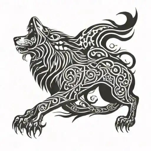 Turkic Myth Featuring Grey Wolf Howling And Lion Roaring