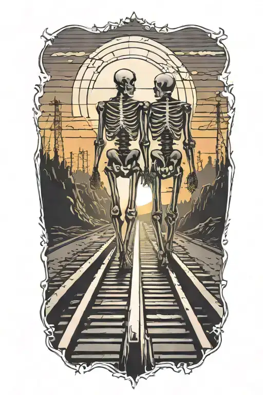 A Skeleton Couple Walking On Train Tracks Towards A Glowing Sunset Holding Hands