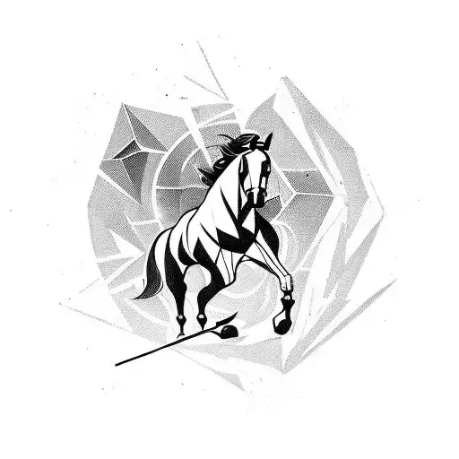 Battle Friesen Horse Rearing Up On Two Legs Where The Bottom Half Of The Horse Is Geometric Design