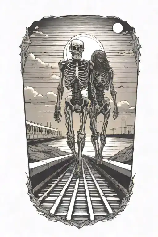 A Skeleton Couple Walking On Train Tracks Towards A Glowing Sunset Holding Hands