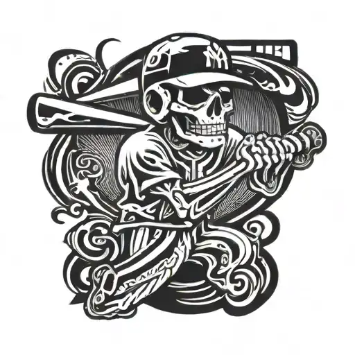 Skeleton Swinging A Baseball Bat Wearing A New York Yankees Cap