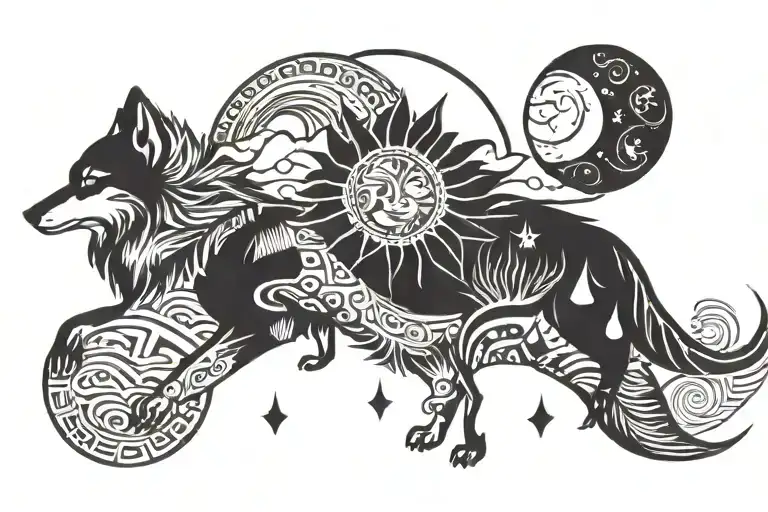 Sun And Moon And Mountains With Wolf