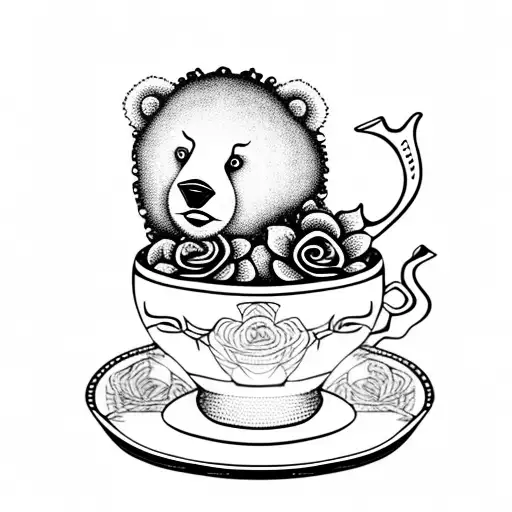 Curly Haired Bear Cub With Roses In A Tea Cup