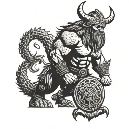 A Fierce Viking Warrior Doing A Deadlift With A Dragon Tattoo On Their Back In A Dotwork Style