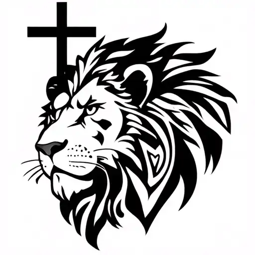 Lion Face With Cross And Polynesian Design