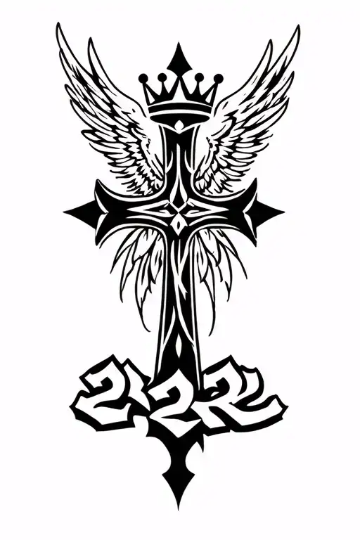 Cross With Angel Wings With Crown With 222 Numbers