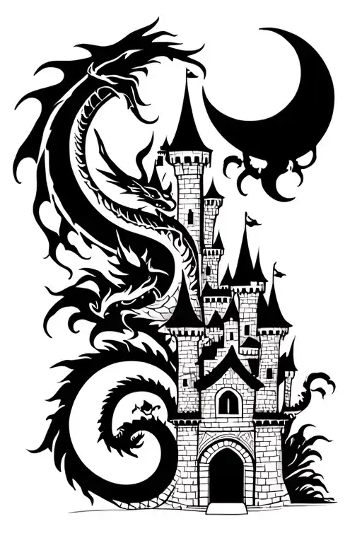 Medium Castle With Dragons And Crescent Moon