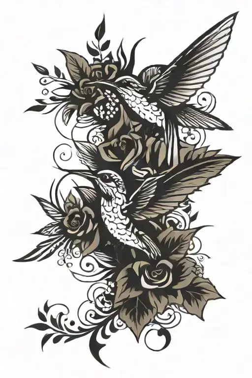 Hummingbird Ferns And Roses Intertwined