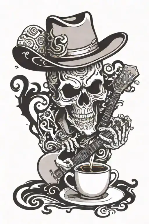 Cowboy Skull Carrying Guitar Drinking Coffee And Music Note Coming Out Of Coffee