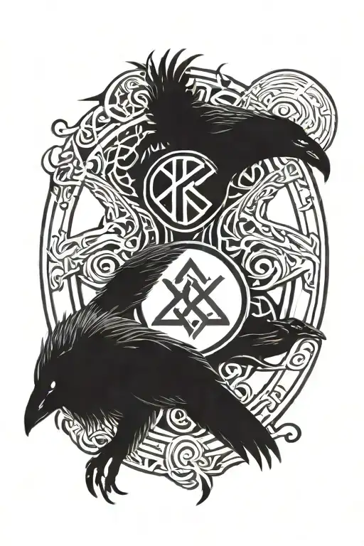 Two Ravens And Two Wolves Flanking A Rune Circle With Vulknut