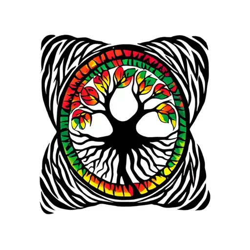 Round Tree Of Life With Rasta Colors