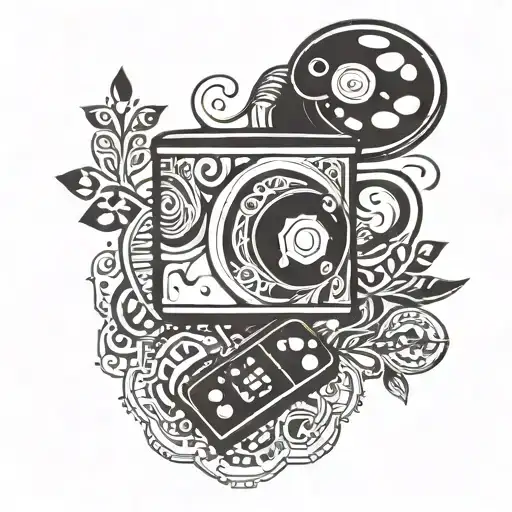 A Minimalist Tattoo Of A Coffee Cup With Film Reel Patterns And Game Controller Handles