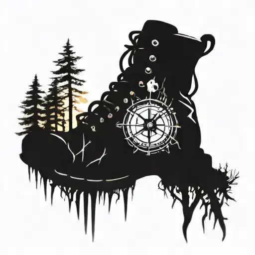 An Intricate Forest Scene With Hiking Boots And A Compass Subtly Hidden Among The Trees