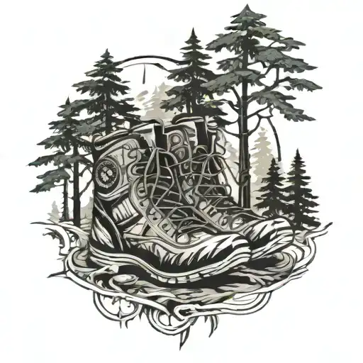 An Intricate Forest Scene With Hiking Boots And A Compass Subtly Hidden Among The Trees