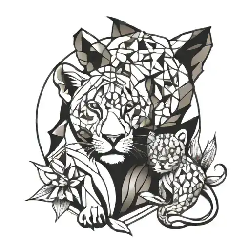 Flower Of Lilies Geometric Design Lioness And A Daughter A Moon