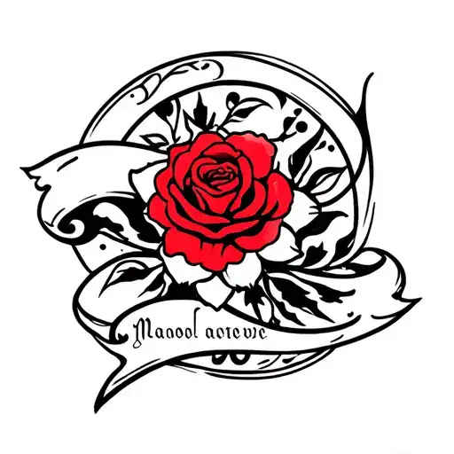 Black Ink Tribal Tattoo That Covers The Upper Arm And Shoulder With A Red Rose And Name Scroll