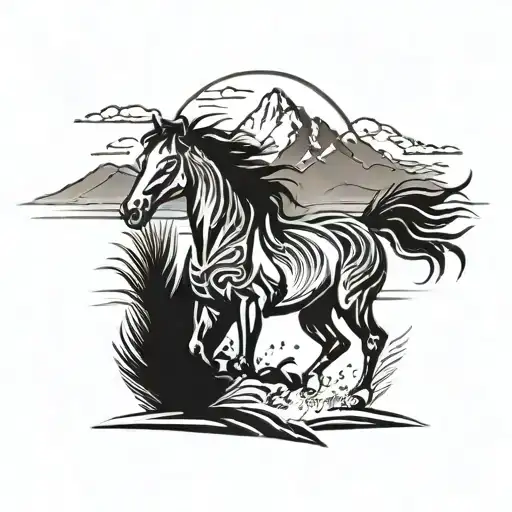 Wild Stallion Running Through A Field With A River And Mountains In The Background