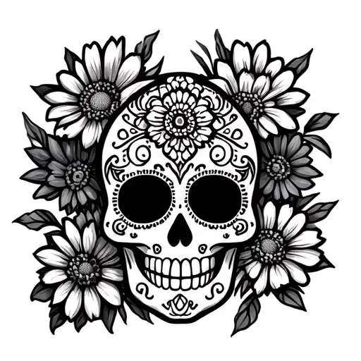 Sugar Skull Surrounded By Marigold And Latin Designs
