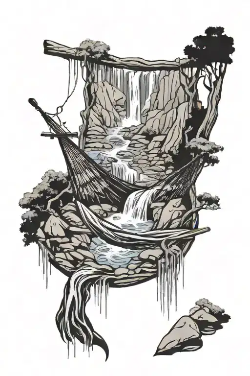 A Hammock In The Woods Beside A Raging River With A Majestic Waterfall