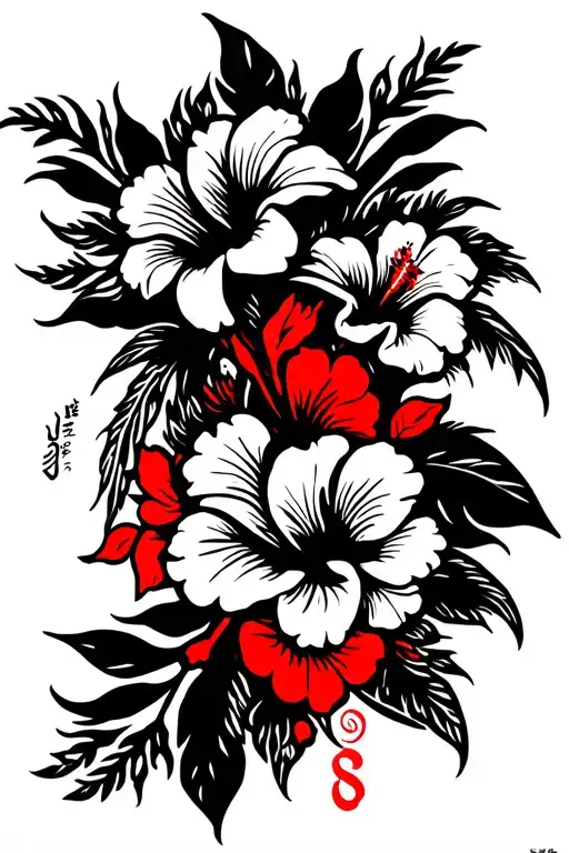 Cherokee And Red Indian Tribal Tattoo With Hibiscus Flowers And Calligraphy