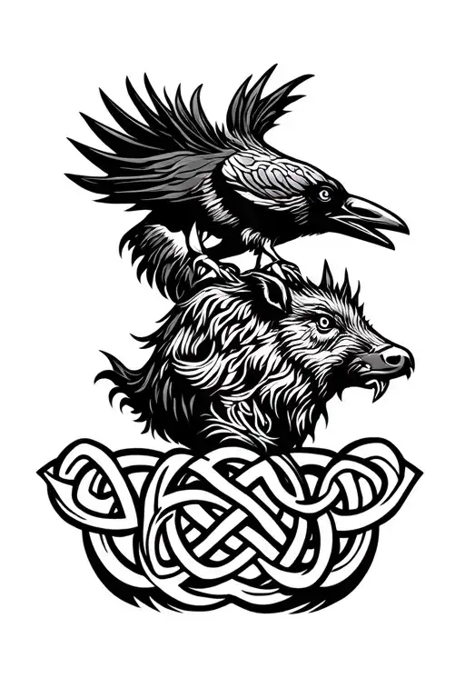 Celtic Boar And Crow Playing In Celtic Knot Work Style