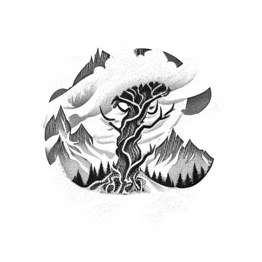 Forearm Tattoo Of A Tornado That Blends From A Redwood Tree With A Mountain Range In The Background
