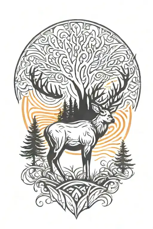 Buck With Trees Colors Sunset