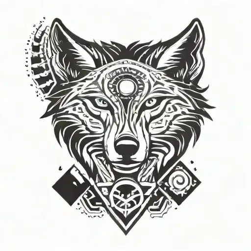 Wolf Head With Mountain Peaks And Stars In The Back Surrounded By A Planet