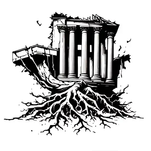 A Building With 7 Pillars And 1 Is Broken With Broken Roots Coming Out Of The Bottom