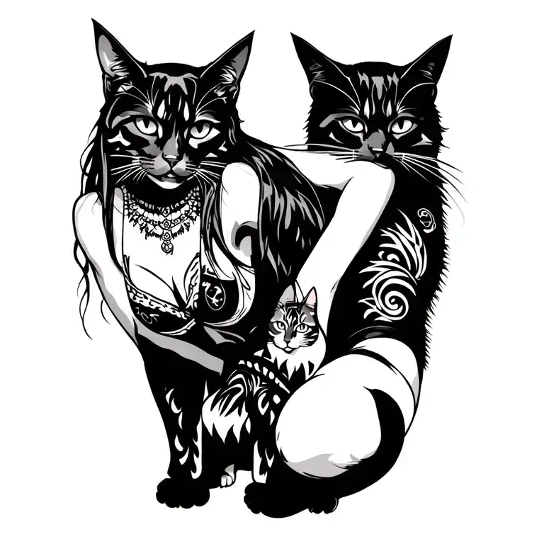 Punk Rock Girl With Gang Of Cats